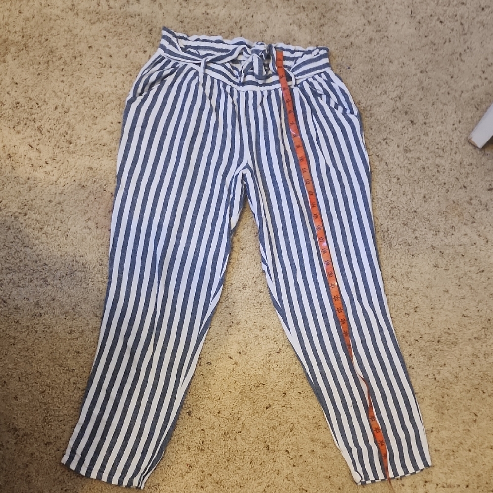 Jolt Blue and White Striped Paperbag Waist Pants